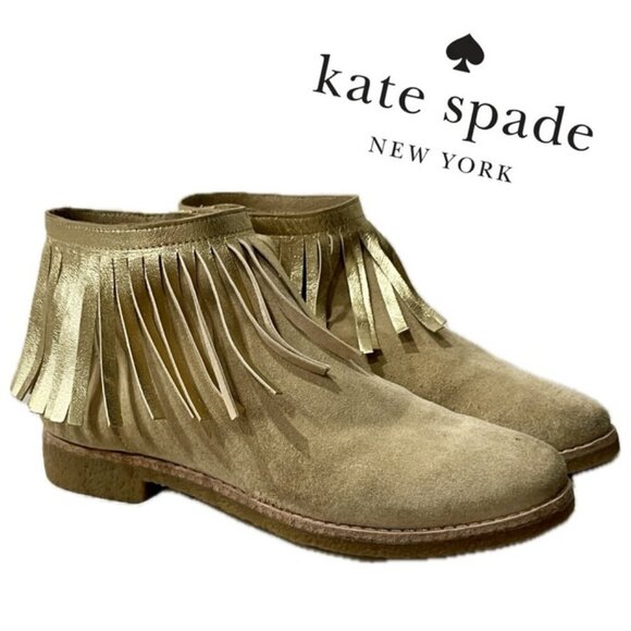 kATE SPADE ANKLE BOOTS FRINGE BOHO SUEDE GIPSY TAN/GOLD TRUFFLE SIZE 6.5 - Picture 1 of 16
